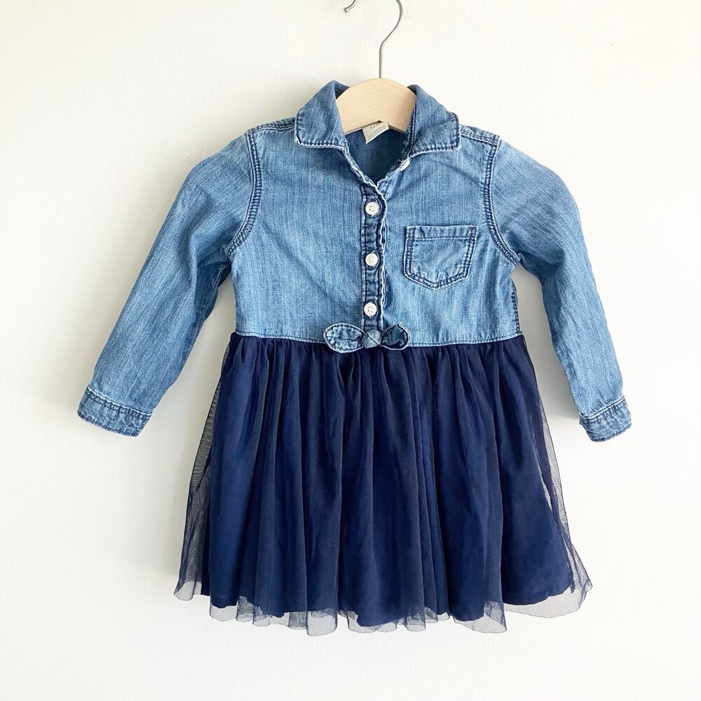 OshKosh B'gosh Baby Girls 12 Mos Tutu Shirt Dress Chambray Blue Pocket